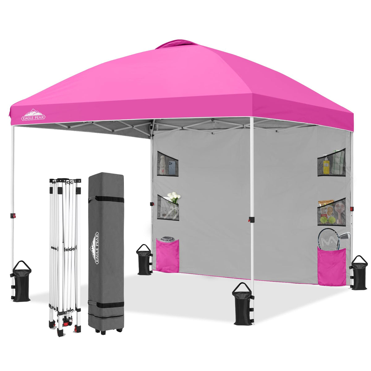 EAGLE PEAK Commercial Canopy 10x10 with Sidewall Storage, Easy OnePerson Setup Pop Up Canopy Tent with Roller Bag, Stakes, Ropes, and Weight Bags, Pink