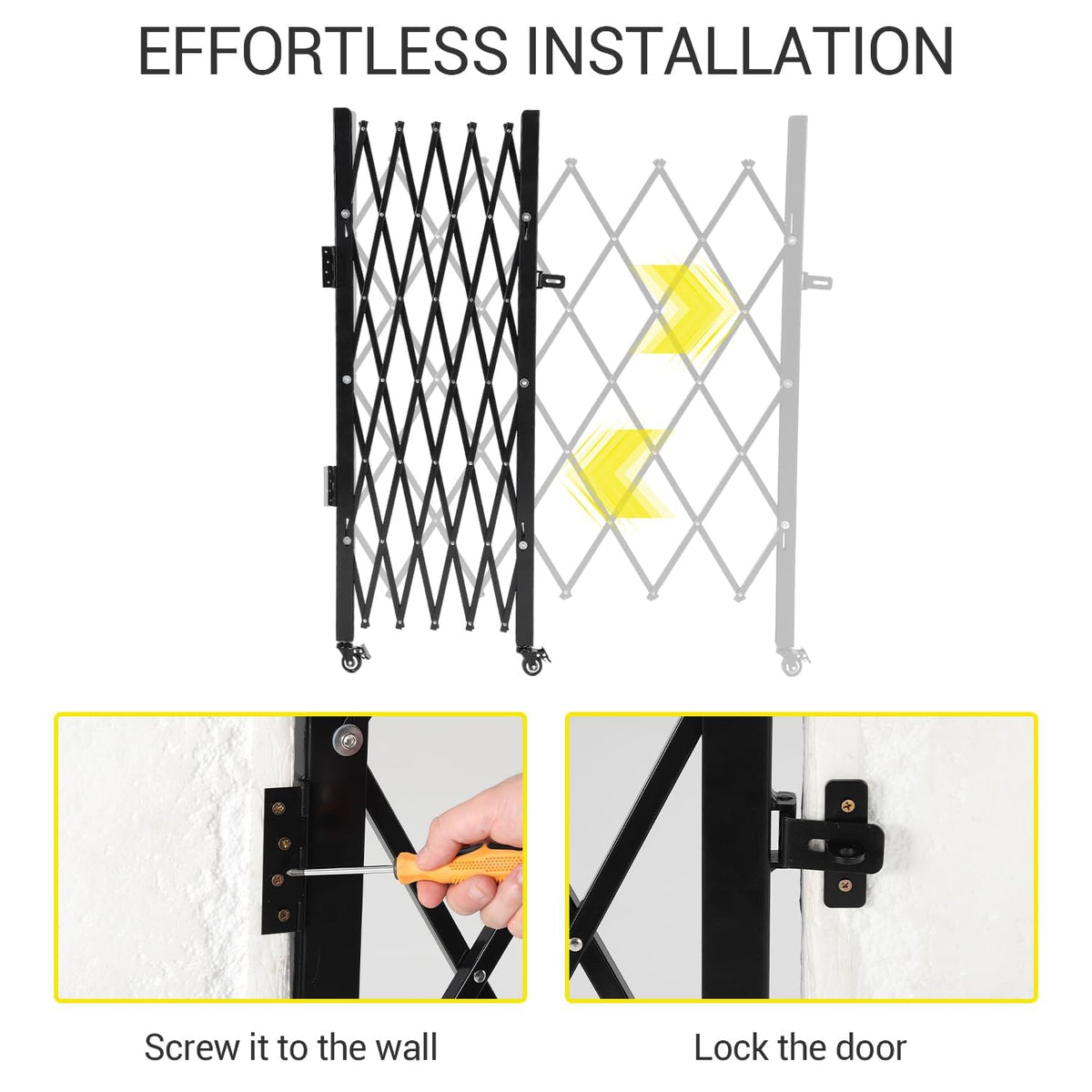 GarveeTech Double Folding Security Gate, 63" H x 122" W Lockable Scissor Gate with 360° Swivel Casters, Heavy-Duty Steel Outdoor Barricade Retractable Gates for Courtyards, Garages, Gardens, Pool