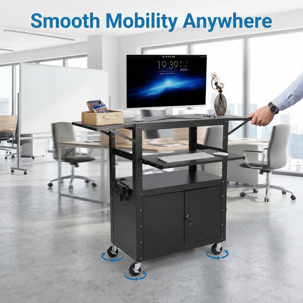 Mobile AV Cart with Lockable Cabinet, Adjustable Height Laptop Stand with Extension Rack, Drop Leaf Workstation, Extra Storage Space, Power Strip Included, Rolling Utility Cart