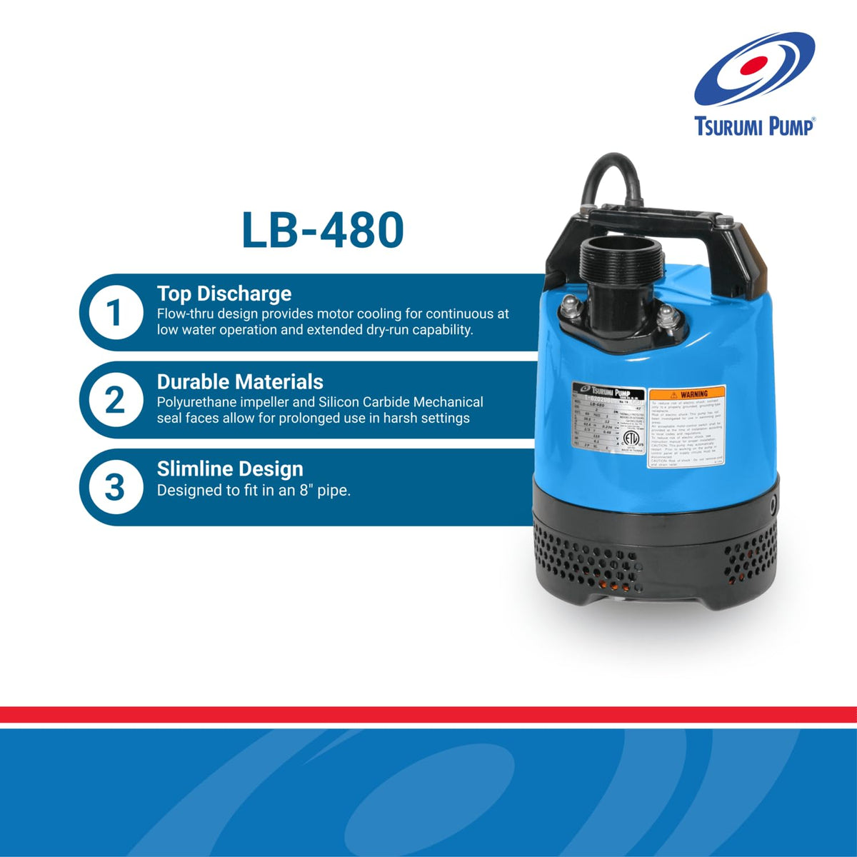 Tsurumi Pump LB-480 Submersible Dewatering Pump 2/3 HP 115V 2 in Discharge Slimline Design Ideal For Construction Use | 63 GPM / 3780 GPH