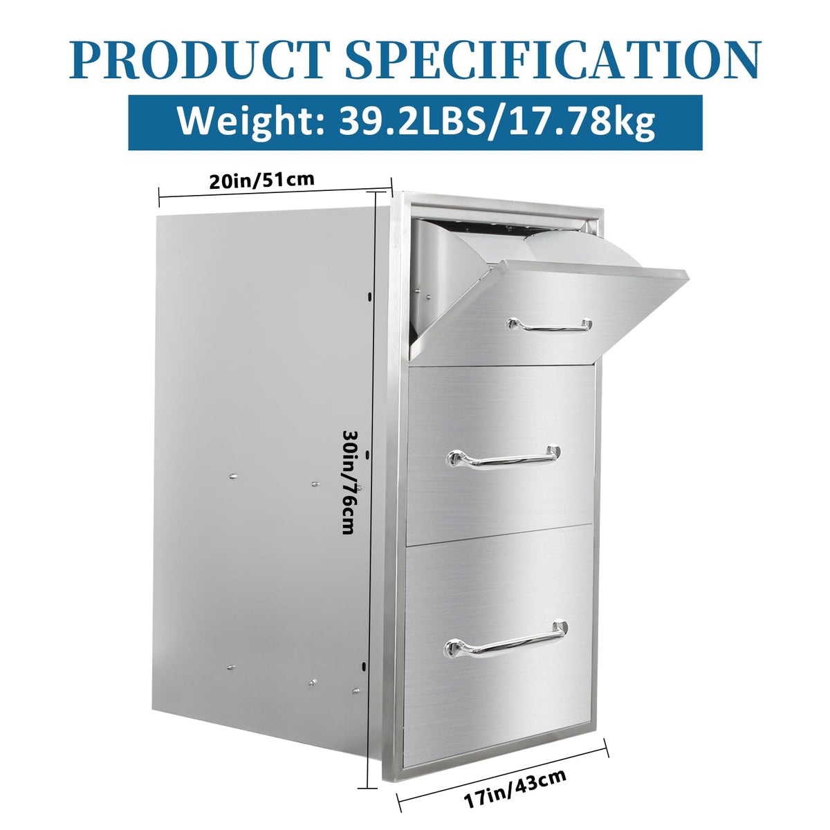 Outdoor Kitchen Drawers with Paper Towel Holder 17"Wx30"Hx20"D Flush Mount Access 3-Drawer BBQ Stainless Steel Drawers with Handle for Outdoor Kitchen Island or Grill Station
