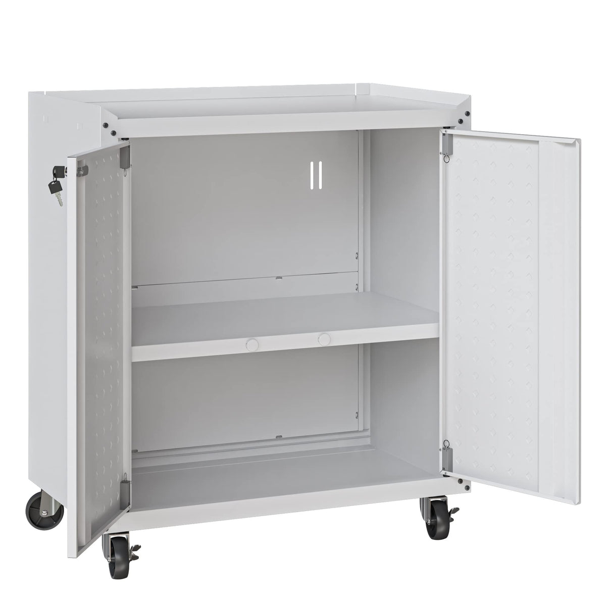 Manhattan Comfort Fortress Rolling Garage Storage Cabinet with 2 Adjustable Shelves, Lockable Metal Tool Compartment, Heavy-Duty Mobile Utility Organizer with Wheels, White