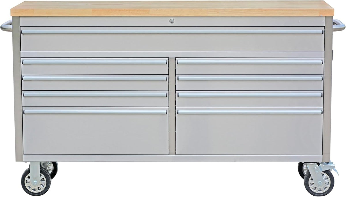 PeakPursuit 61" Rolling Tool Chest with 9 Drawers, Solid Rubber Wood Workbench Top, Locking Wheels & Key Lock, Mobile Garage Tool Cabinet for Workshop Storage & Organization, Silver