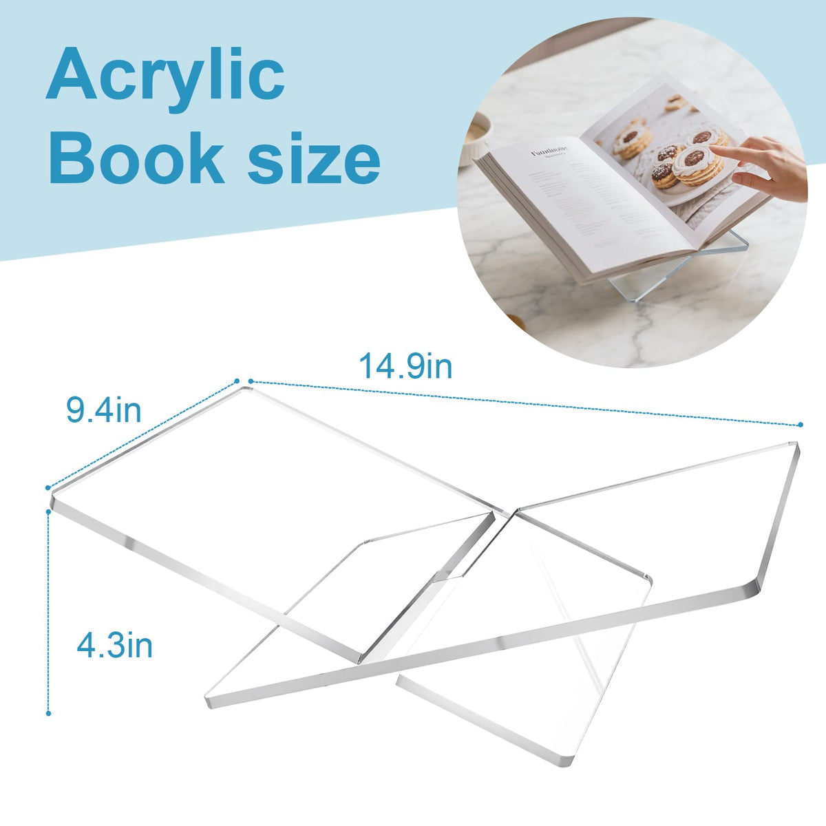 HuixinAcrli Acrylic Book Stand Holder Open Cookbook Acrylic Book Display Stand,Coffee Table Book Stand Magazines Clear Holder,Reading Stand for Open Book Magazines,Home and Table Decor(14.9''*9.4'')