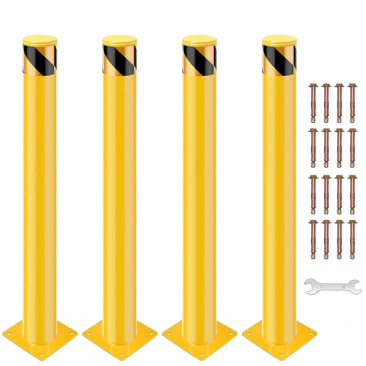 6 Pack fety Bollard, 30 x 4.5 Inch Steel Bollard Post, Yellow Parking Post, Removable Safety Barrier with Anchor Bolts, High Visibility Driveway Barrier for Construction, Traffic Control, Warehouses