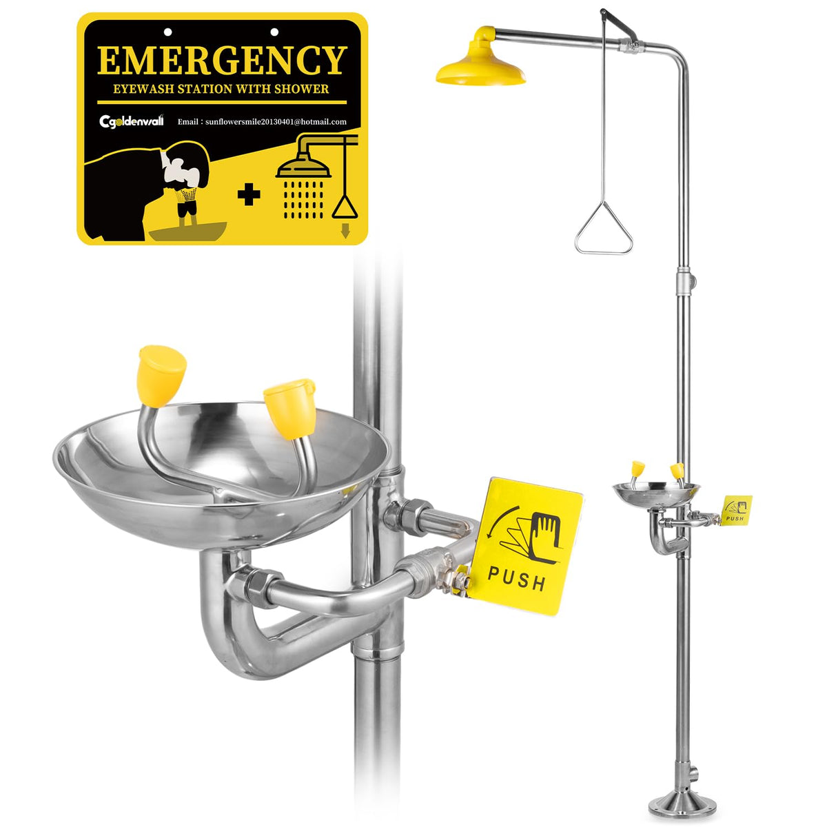 CGOLDENWALL Emergency Shower Eye Wash Station Safety Shower Station Eyewash Station, 304 Stainless Steel, NPT Threads, with Emergency Sign