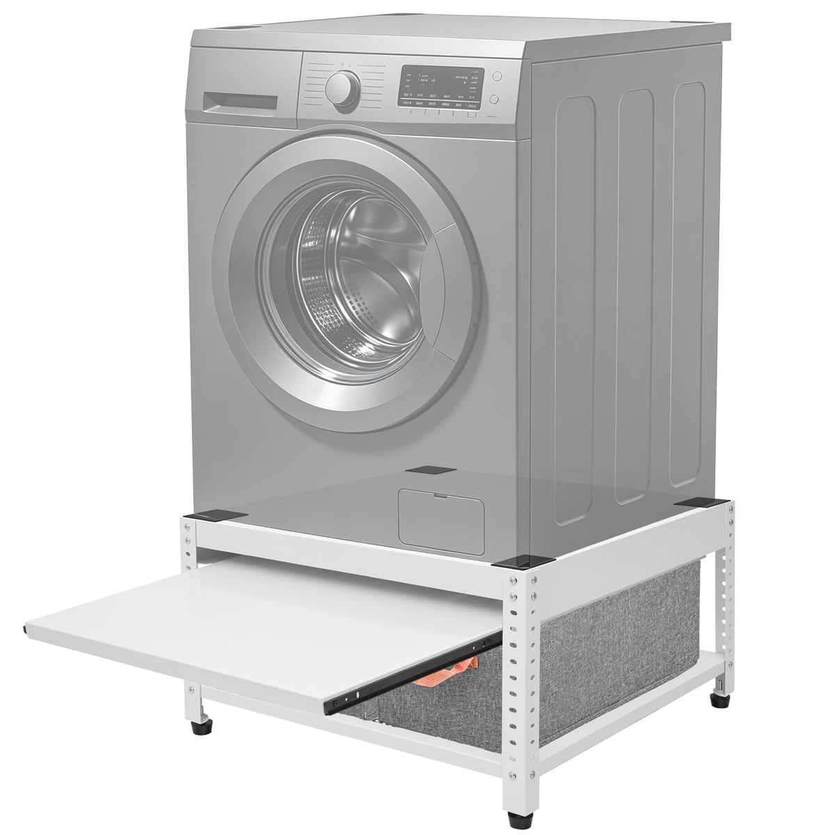 Washer and Dryer Pedestals, 28" L x 28" W Heavy Duty Metal Washer and Dryer Stand Universal Platform, Washer Dryer Pedestal with Basket Shelf, Portable Storage Bag, 4 Silicone Pads, Fit 800lbs, White