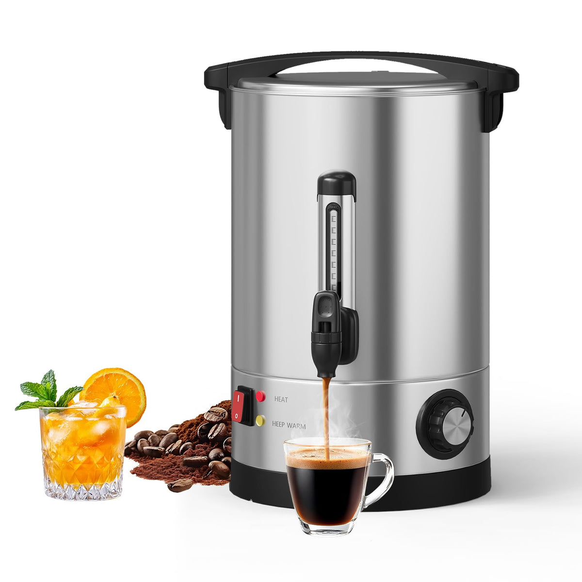 60 Cup Large Coffee Urn with Double Wall Insulation, 10L/2.6 Gallon Stainless Steel Commercial Electric Coffee Dispenser with Hot Drinks and Hot Water, for Weddings, Parties, Catering, and Buffets