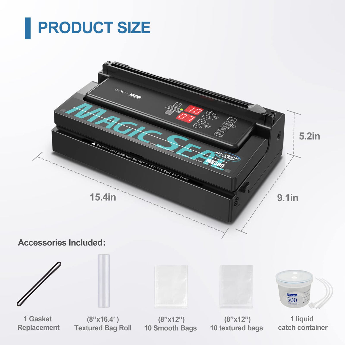 MAGIC SEAL Commercial Dual Mode Vacuum Sealer - for Textured & Smooth/Mylar Bags, 190W Food Sealer Vacuum Packing Machine with Auto Cooling System, Adjustable Air & Seal Settings -MS300