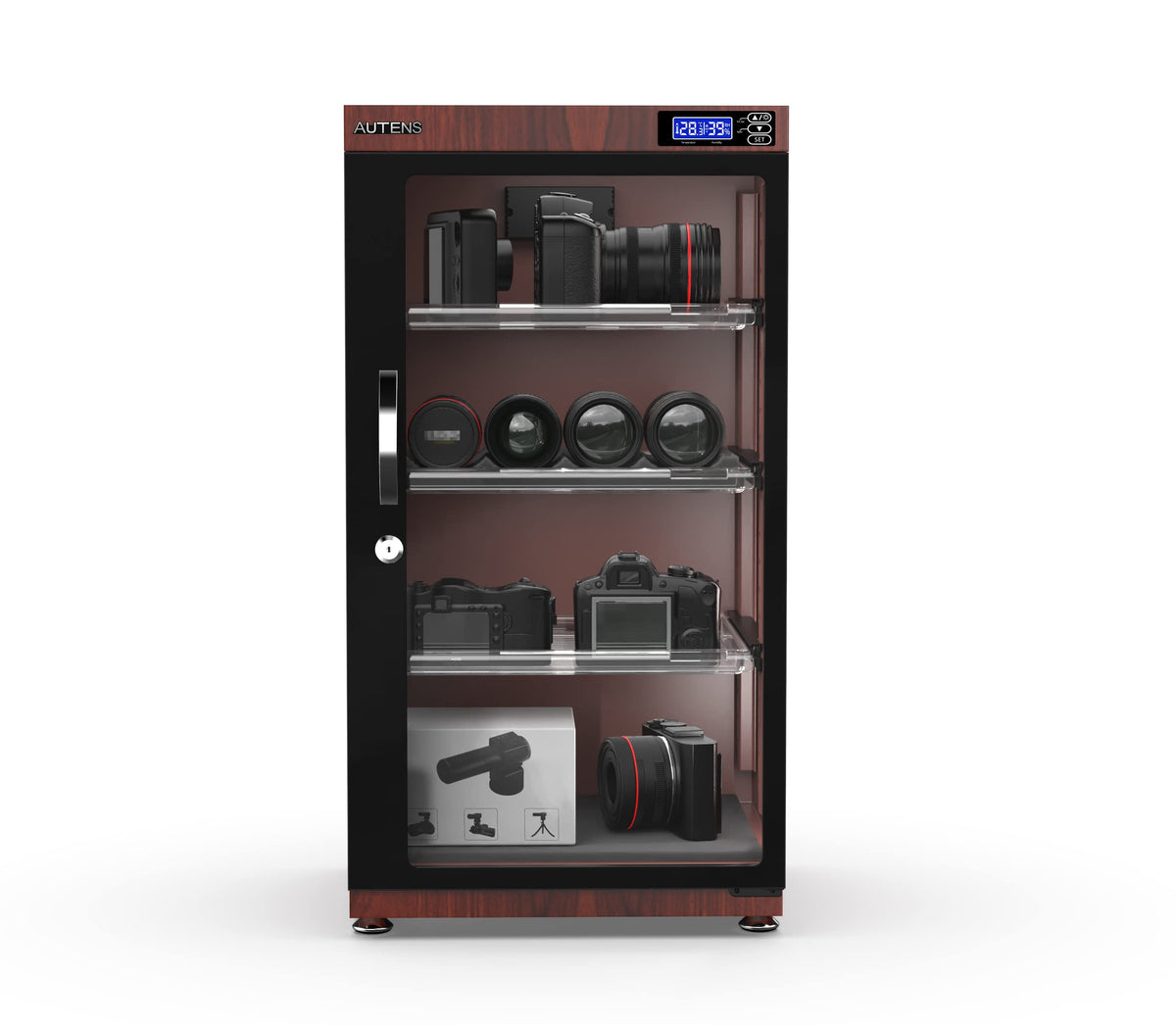 AUTENS 105L Dehumidifying Dry Cabinet Box, Wood grain Design Digital Control Noiseless and Energy Saving,4 layer for Camera Lens and Electronic Equipment Storage,Temperature Humidity LED Dual Screen