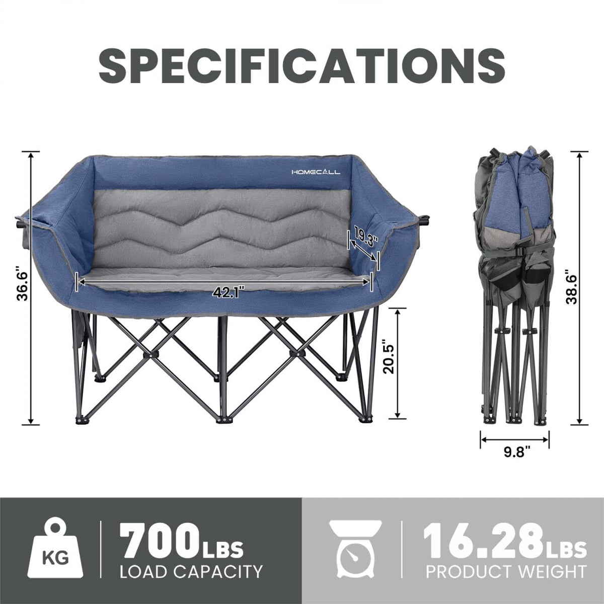 HOMECALL Oversized Double Camping Chair for Adults - Heavy Duty Folding Loveseat Support 700 lbs, Extra Wide 2 Person Camping Couch with Thick Padding, Cup Holders & Storage Bag, Blue