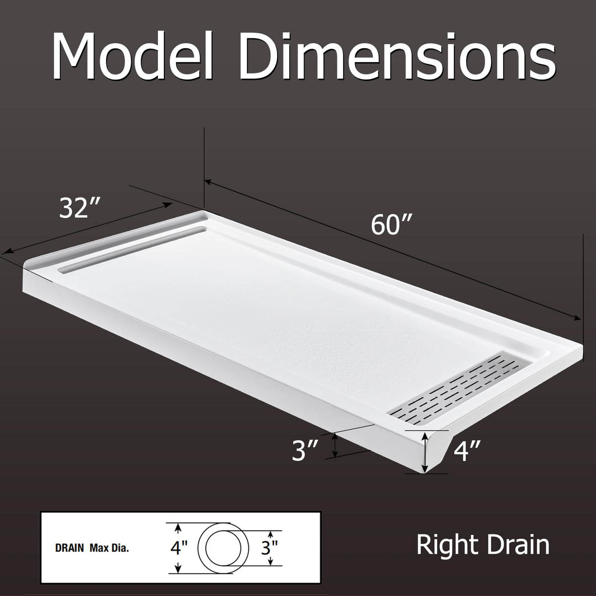 MORVANO Shower Base 60" x 32" Right Drain, Shower Pan Kit With Stainless Steel Cover, Non-Slip Acrylic in White, Brush Nickel for Bathroom