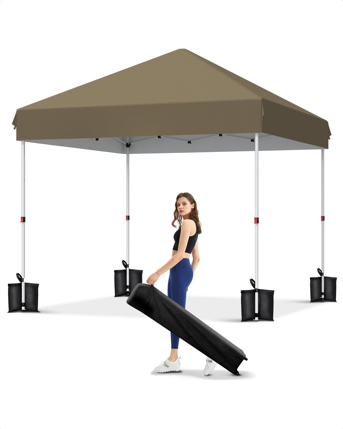 10x10 Pop Up Canopy with One Button Push Setup - Heavy Duty Outdoor Canopy Tent with Portable Roller Bag - 3 Adjustable Height, 4 Weight Bags, 8 Stakes & 4 Guy Ropes Included, Khaki