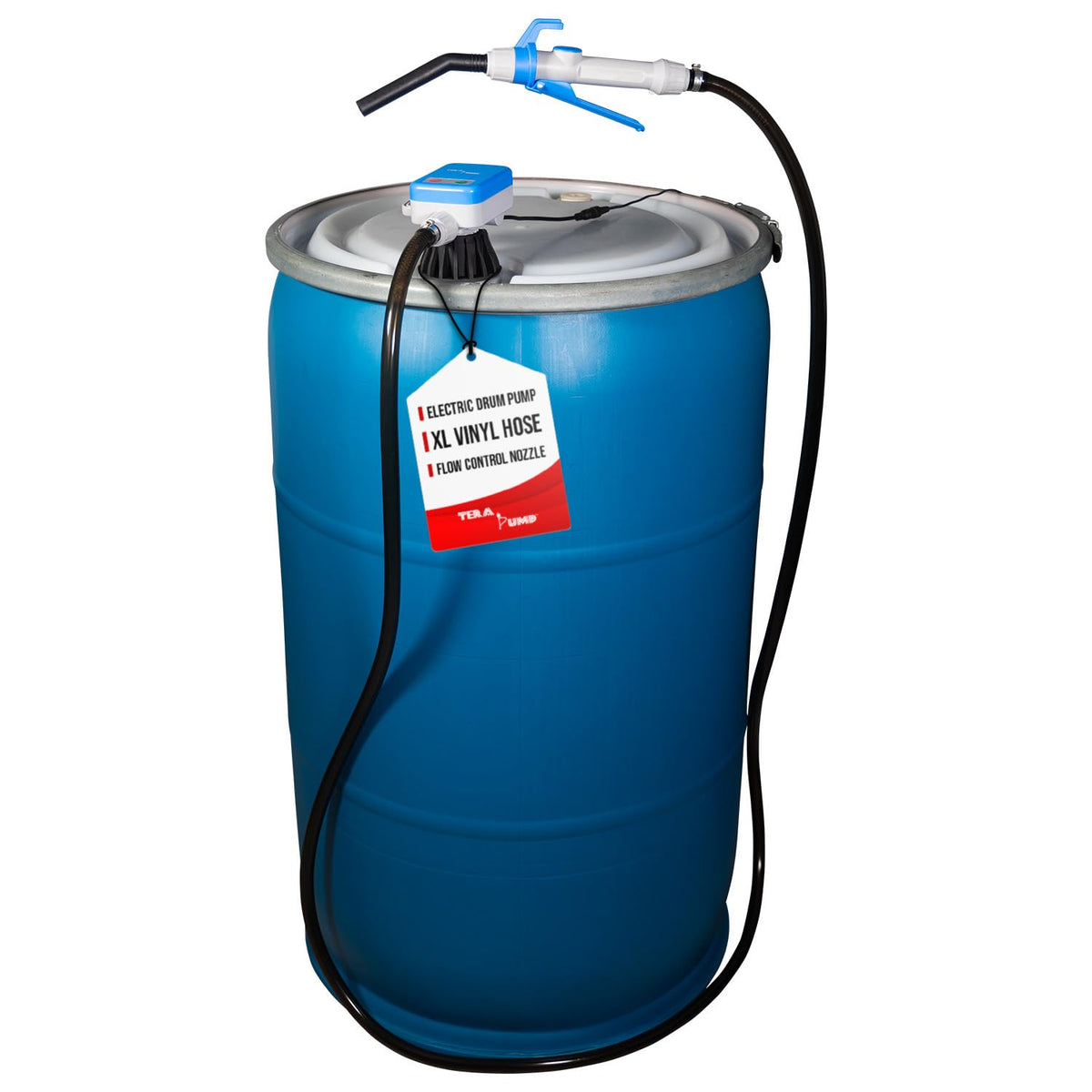 TERA PUMP - Large Automatic Electric Powered DEF Drum Pump with Flow Control Handle Nozzle for DEF, Antifreeze, Washer Fluid - 2.4 GPM Transfer Rate w/ 9.8ft Vinyl Hose and Screw On Bung Adapter