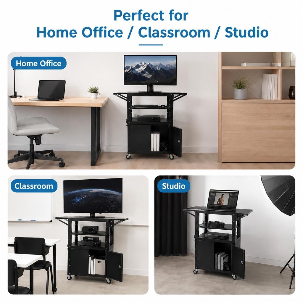 Mobile AV Cart with Lockable Cabinet, Adjustable Height Laptop Stand with Extension Rack, Drop Leaf Workstation, Extra Storage Space, Power Strip Included, Rolling Utility Cart