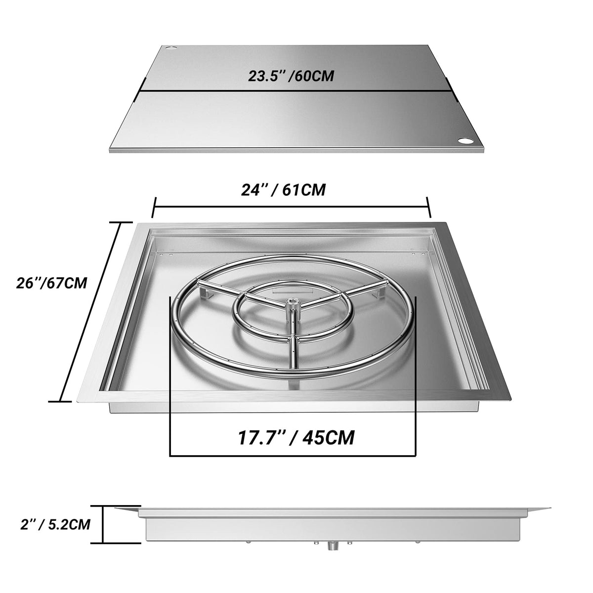 Skyflame 24" x 24" Square Stainless Steel Drop-in Fire Pit Kit and Fire Pit Gas Burner Spark Ignition Kit