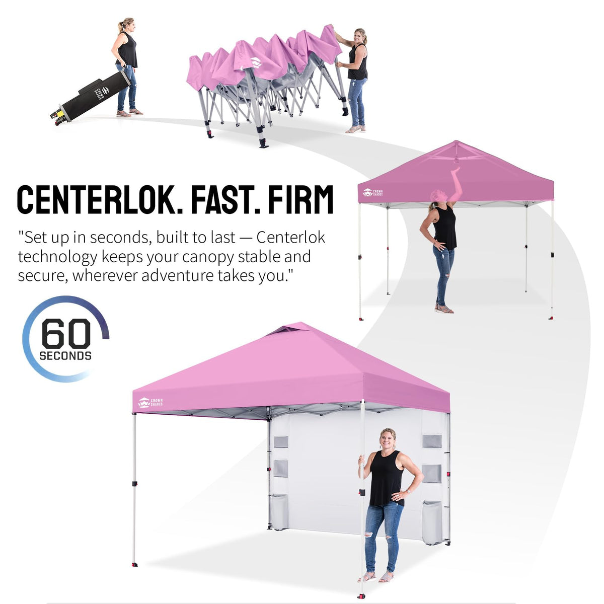 CROWN SHADES Canopy Tent, 10 x 10 Foot Portable Pop Up Outdoor Shelter with Pocket Sidewall, Push Center Lock, UV Protection, and Carry Bag, Pink