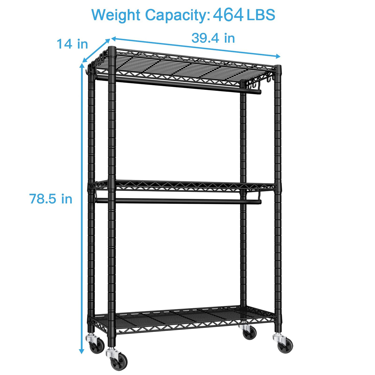 FUTASSI P3 Rolling Clothes Rack, Clothing Racks for Hanging Clothes, Heavy Duty Garment Rack with Wheels, Freestanding Portable Closet Racks 39.4'' W x 14'' D x 78.5'' H, Max Load 470 LBS, Black