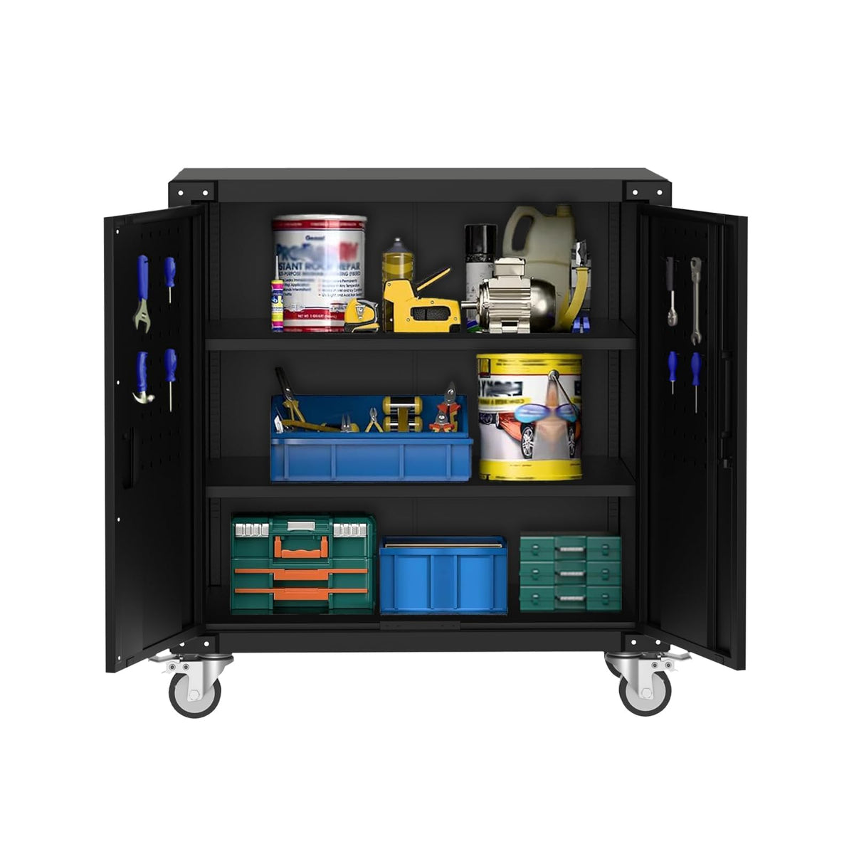 EliteEdge 31" Metal Storage Cabinet with Pegboard and Wheels, Lockable Rolling Tool Cabinet with Shelves, Heavy Duty Steel Utility Cabinet for Garage Workshop, Black
