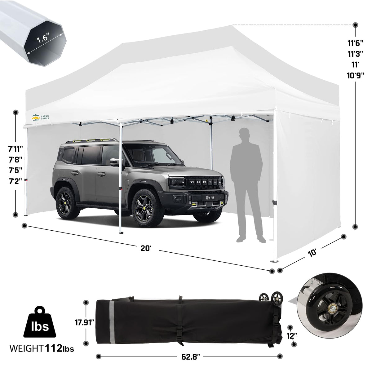 CROWN SHADES 10x20 Pop Up Canopy Tent, Thicken Frame Commercial Heavy Duty Tent, 4 Sidewalls 8 Stakes & 4 Sandbags & 4 Ropes, Outdoor Canopies for Events, Parties,White