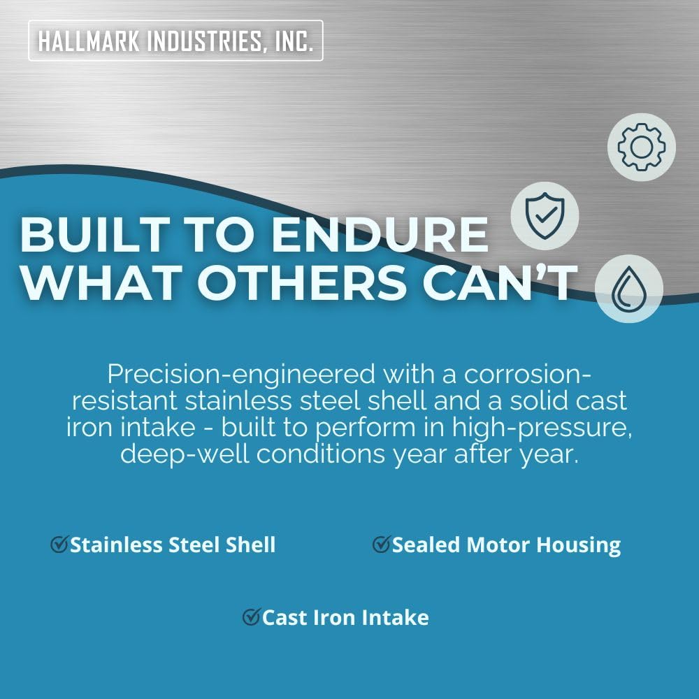 Hallmark Industries MA0343X-4 Deep Well Submersible Pump, 1/2 hp, 110V, 60 Hz, 25 GPM, 150' Head, Stainless Steel, 4"