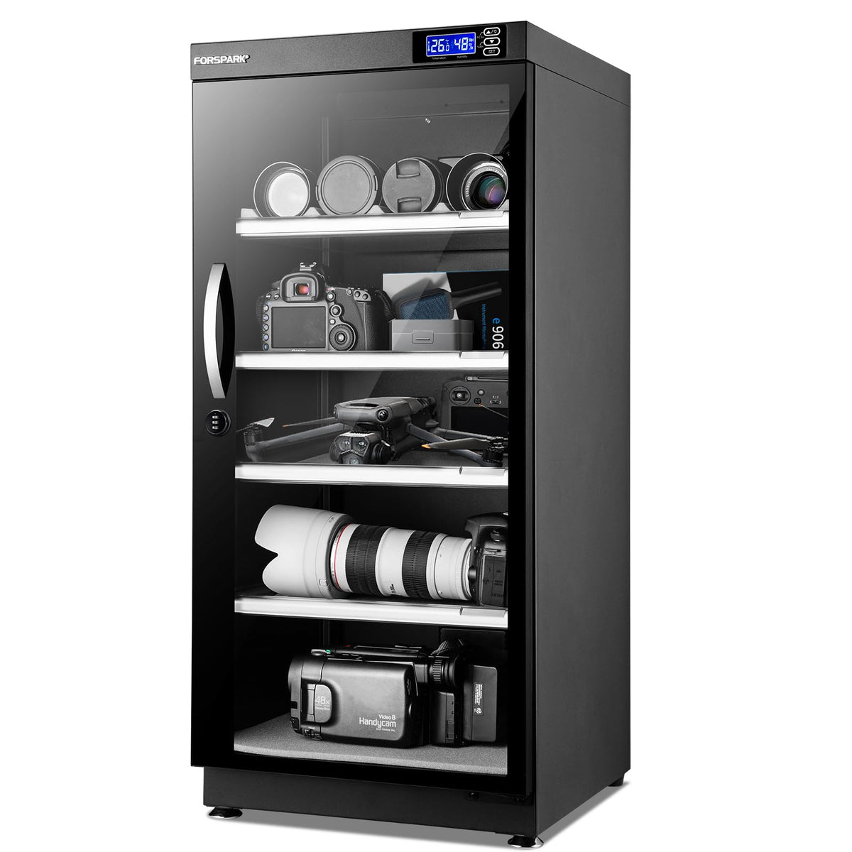 FORSPARK 125L Dual-Core Camera Dehumidifier Dry Cabinet, Quiet Humidity Control Storage with Combo Lock, 4 Adjustable Shelves for DSLR, Lenses, Drones, Instruments, Books - 15W Energy Efficient, Black