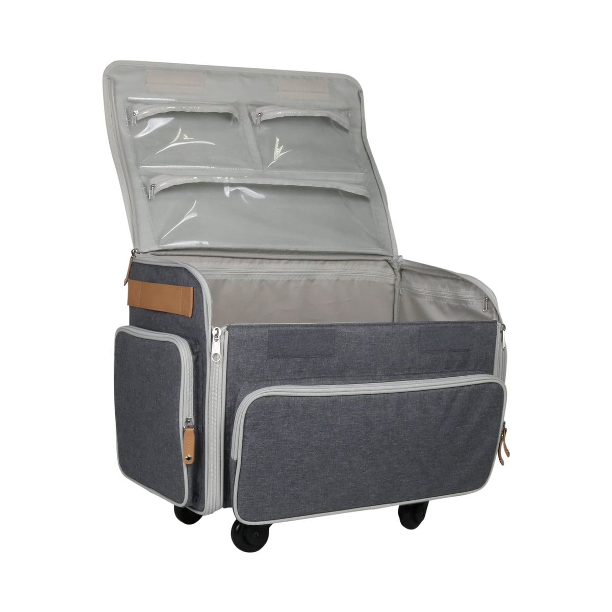 Everything Mary XL Rolling Sewing Machine Case – Heather Grey Craft Bag with 4 Wheels – Collapsible Organizer Compatible with Brother, Singer & Most Sewing Machines