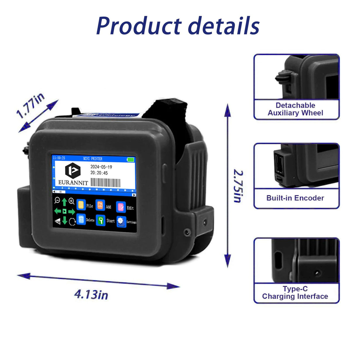 Eurannit XMINI Handheld Inkjet Printer, Portable Mini Inkjet Coding Machine 0.5 inch Nozzle with ER520 Fast Drying Ink Cartridge, for Text Date Barcode Batch Number Image Logo on Any Surface