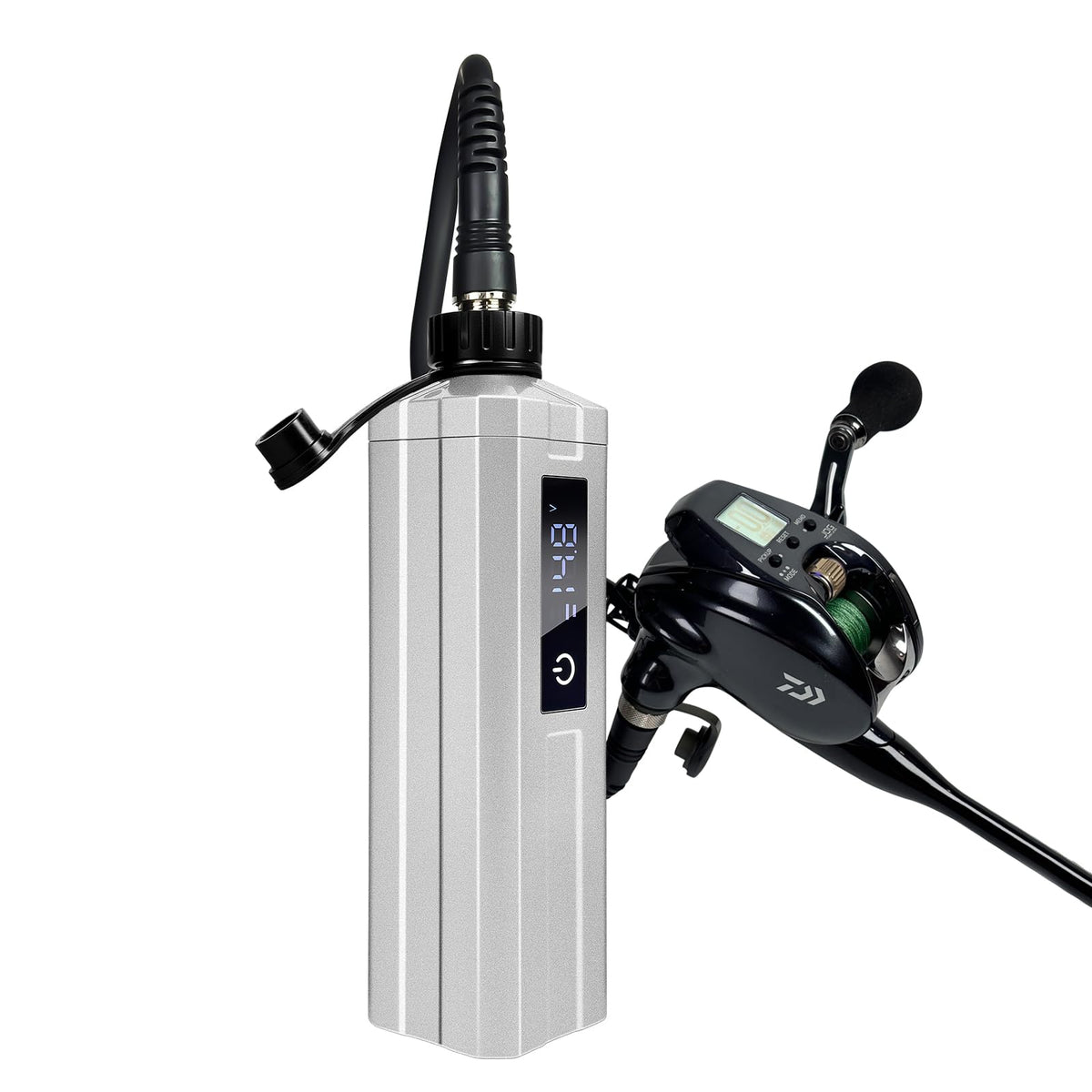 YL-HLOT electric fishing reel battery. IP68 waterproof. Rust prevention. Latest model with digital LED display. Includes 4.9ft power cord. Compatible with Daiwa & Shimano electric reels (Silver. 10Ah)