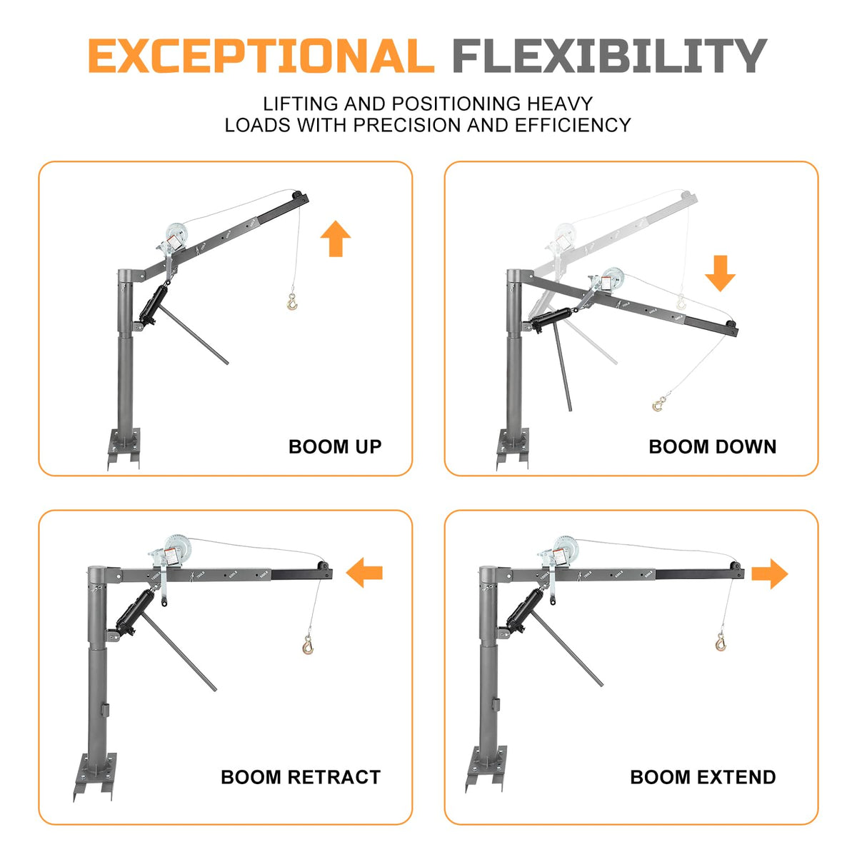 Garvee 1000 LBS Pickup Truck Crane, Hydraulic Hoist with Manual Winch, 360° Swivel, 4 Adjustable Boom, Heavy Duty Truck Bed Crane for Factory, Warehouse, Construction, Industrial Lifting - Silver