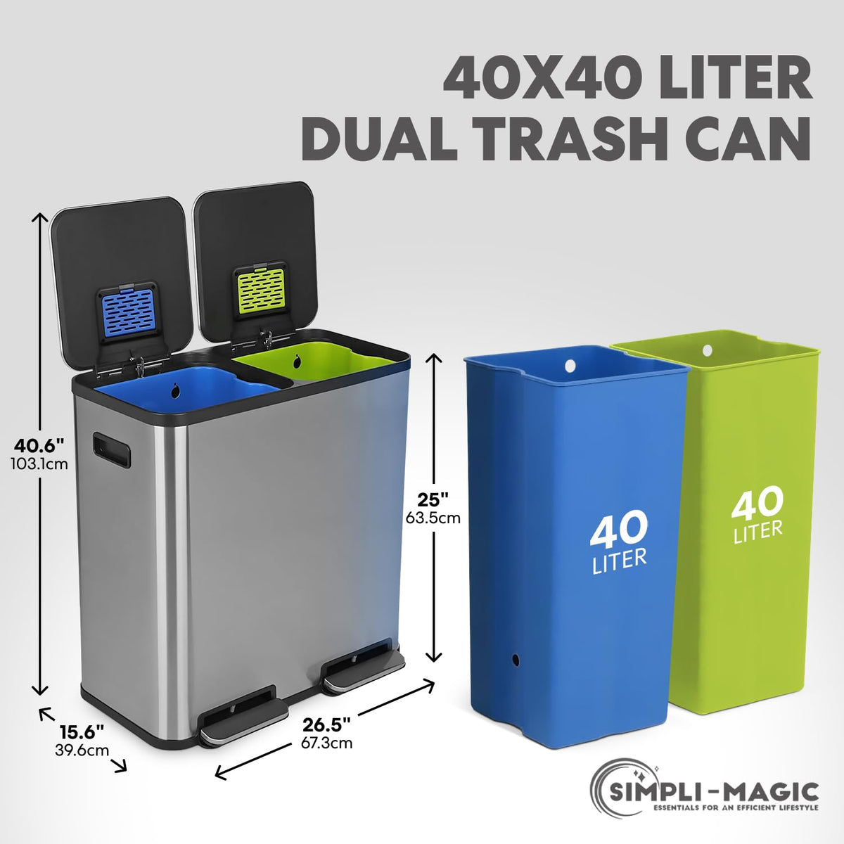 SIMPLI-Magic 21 Gallon (80L) Dual Compartment Kitchen Trash Can - Hands-Free Step Pedal, Soft-Close Lid, Stainless Steel Recycling Bin with Odor Filter (40L + 40L)