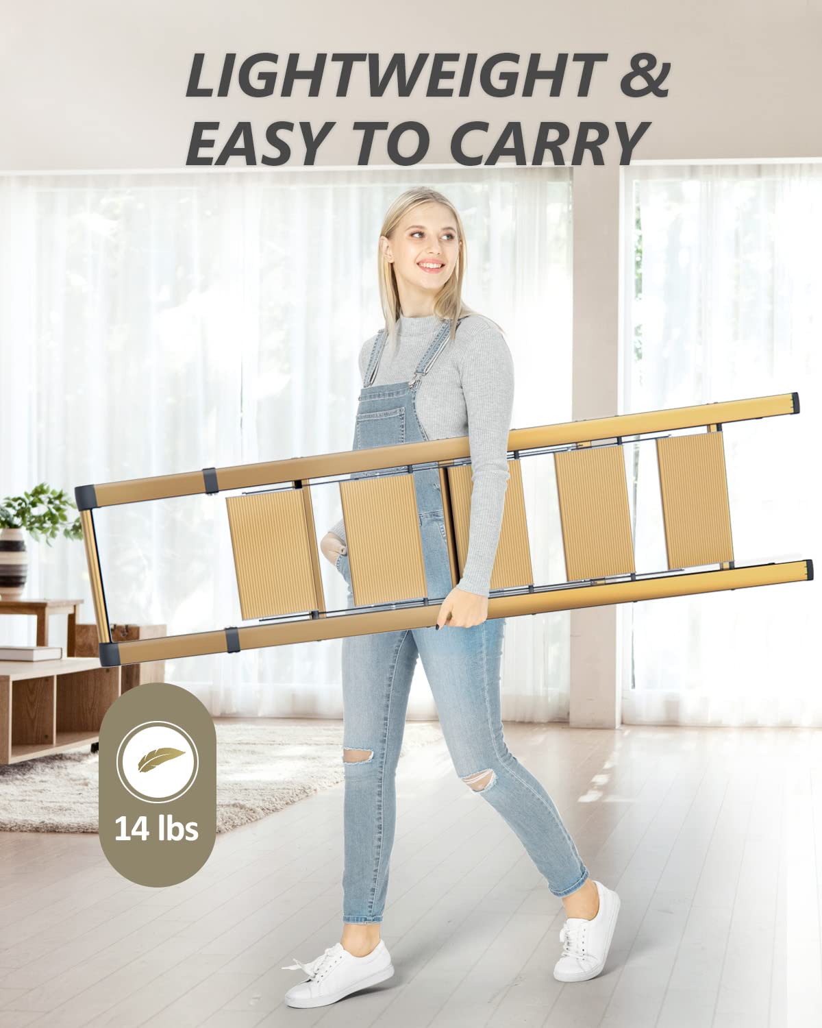 5 Step Ladder, Folding Step Stool, Lightweight Aluminum Foldable Ladder for 10 Foot High Ceiling with Anti-Slip Wide Sturdy Pedal and Handgrip, Multi-Use for Home (300 lbs Capacity) - Champagne Gold