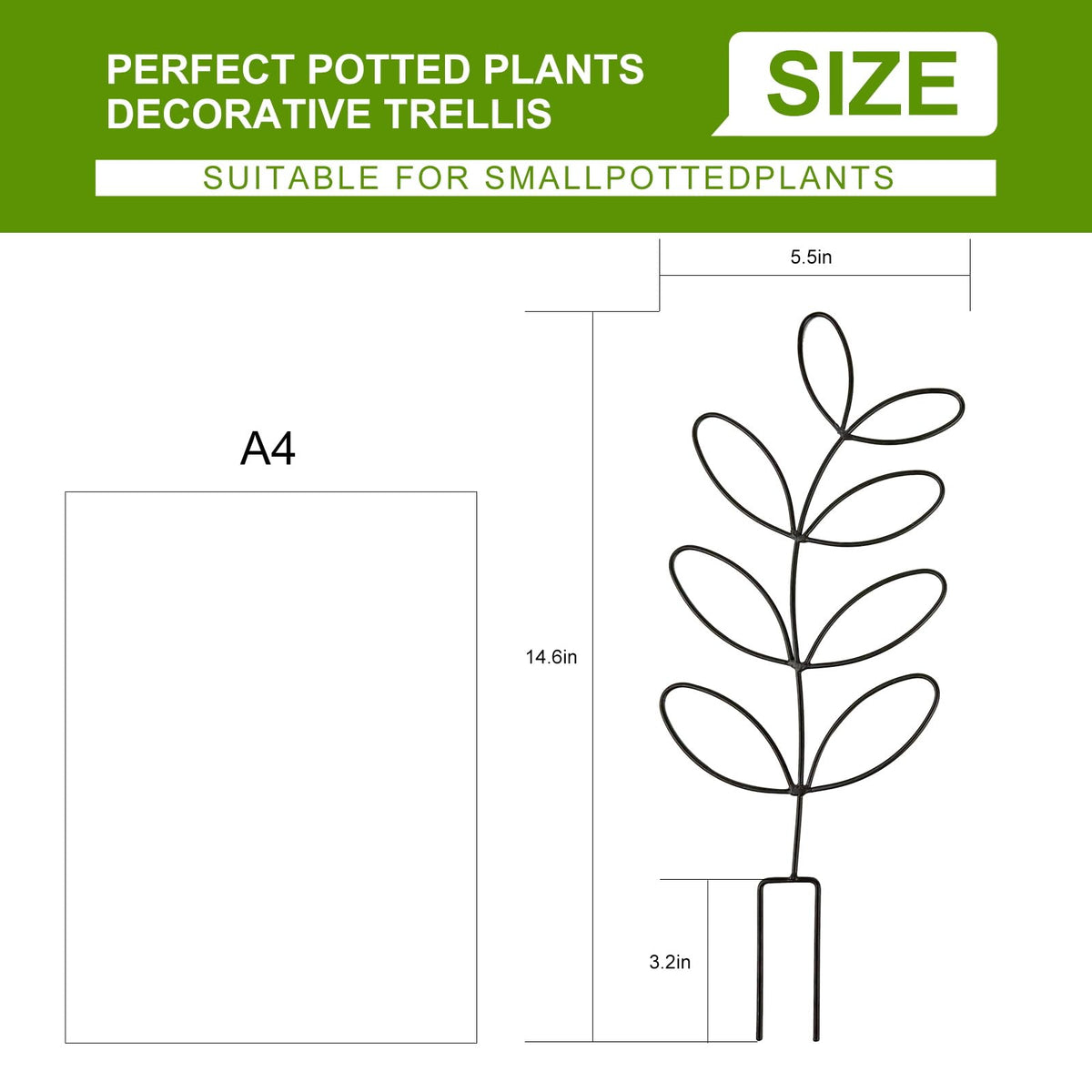 2 Pack 14.6 Inch Plant Trellis Indoor for Climbing Plants with 50 Plant Ties, Small Metal Garden Trellis for Potted Plants, Leaf Shaped Support for Ivy Hoya Pothos Monstera Houseplants
