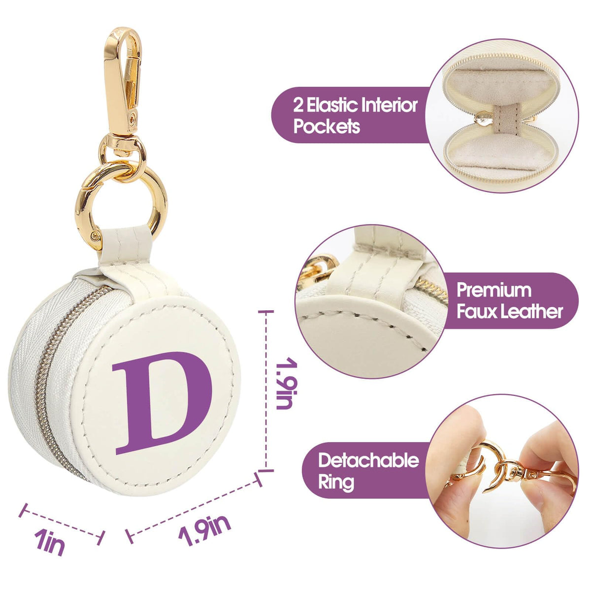 Mini Initial Travel Jewelry Case Ring Holder, Beige Faux Leather Small Jewelry Organizer Box Gifts for Women Girls Nurse Teacher, Gym Travel Accessories Keychain Pouch for Earrings Rings Necklace D