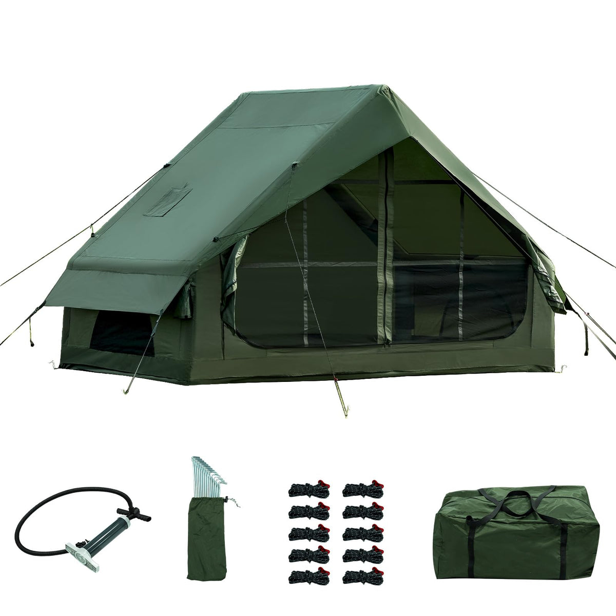 WaldZimmer Inflatable Camping Tent with Hand Pump Waterproof Outdoor Blow up Tent Oxford 4 Season Air Tent Cabin House with Mesh Windows & Door 12sq/6sq Green (9.74ft*6.46ft*6.56ft (3-4 Person))