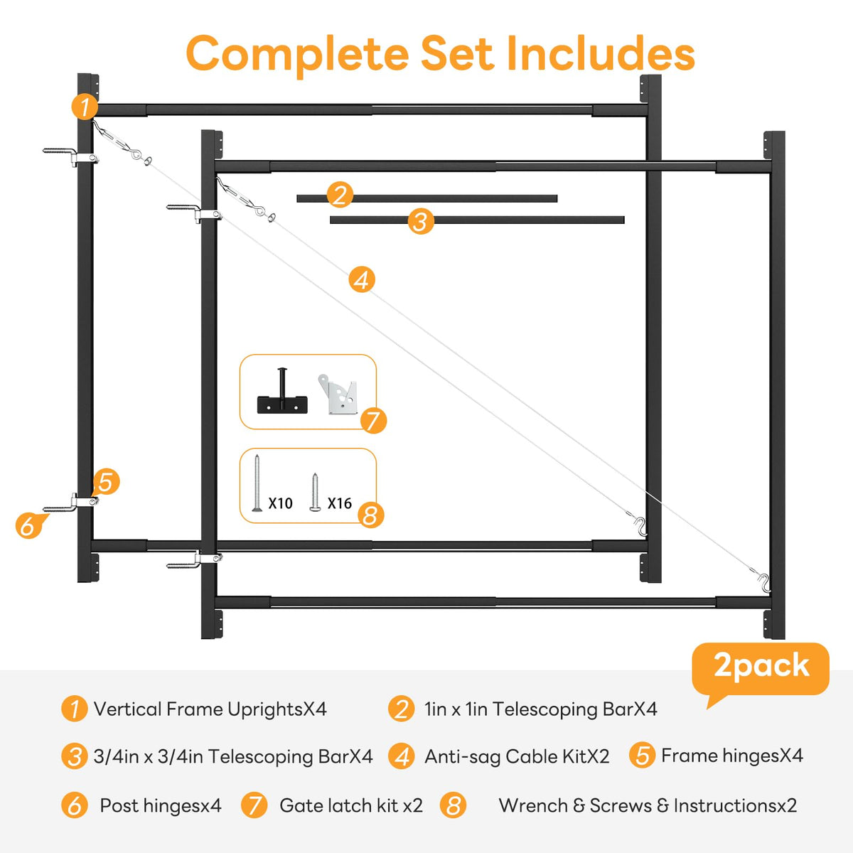DIYHD Adjustable Full Frame Double Anti-Sag Gate Kit for 2x4 Lumber, Heavy Duty Powder-Coated Steel Hardware, Fits 33"-62" Wide, 4FT-5FT High Fence Gates for Garden, Driveway, Yard, Pool, 2 Pack