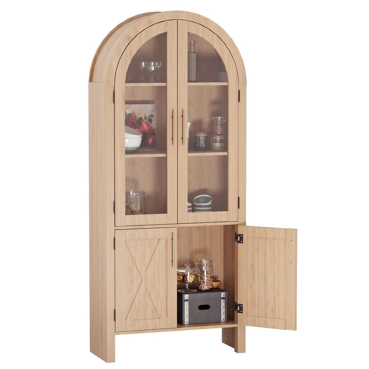 Patikuin 60'' Arched Kitchen Pantry, 4-Tier Arch Cabinet with Doors, Modern Wood Kitchens Storage Cabinets with Adjustable Shelves, Wooden Storage Cabinet for Living Room & Dining Room