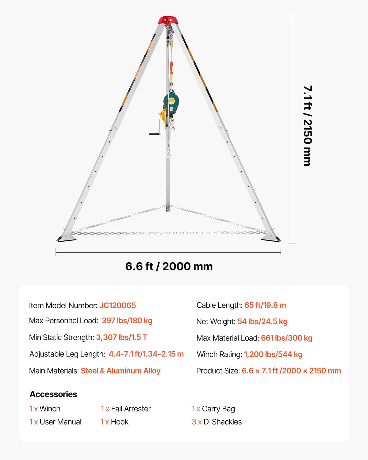 VEVOR Confined Space Tripod Kit, Heavy Duty Rescue Tripod Lifting Hoist 1200 lbs Winch, 4.1 ft Adjustable Legs, 65 ft Cable Portable Kit, 32.8 ft Fall Protection, 4.40-7.05 ft Working Height