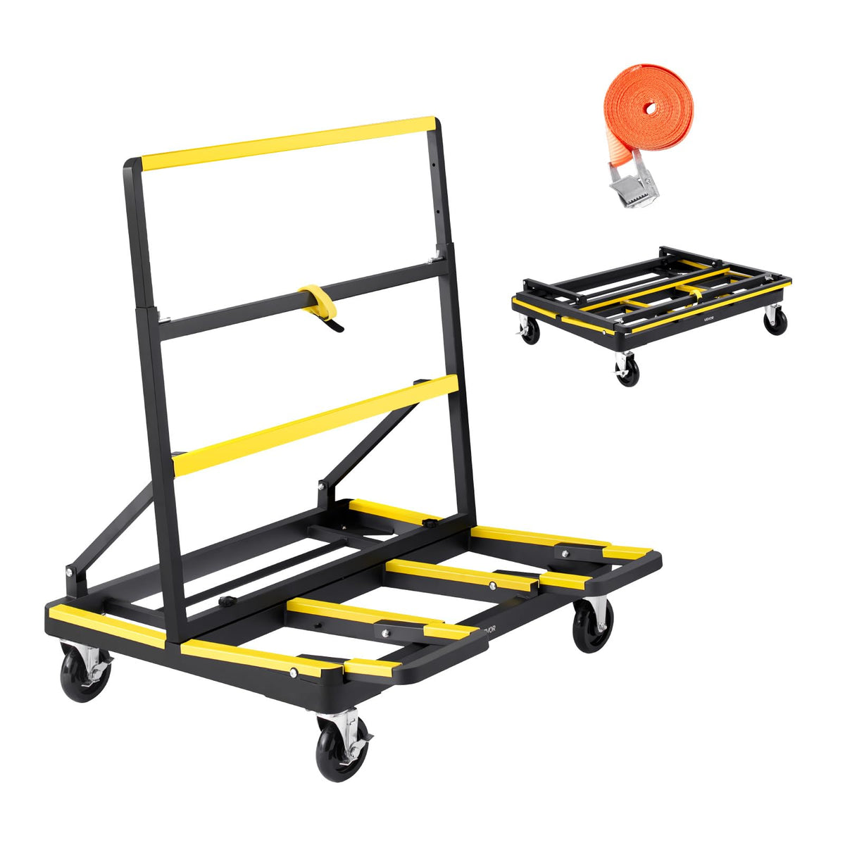 VEVOR Drywall Cart Dolly, 1800 lbs Load Capacity, Steel Panel Dolly with 4 Swivel Casters & Expandable Deck, Foldable Panel Truck Cart with Tie-Down Strap for Handling Plywood, Plasterboard, Glass