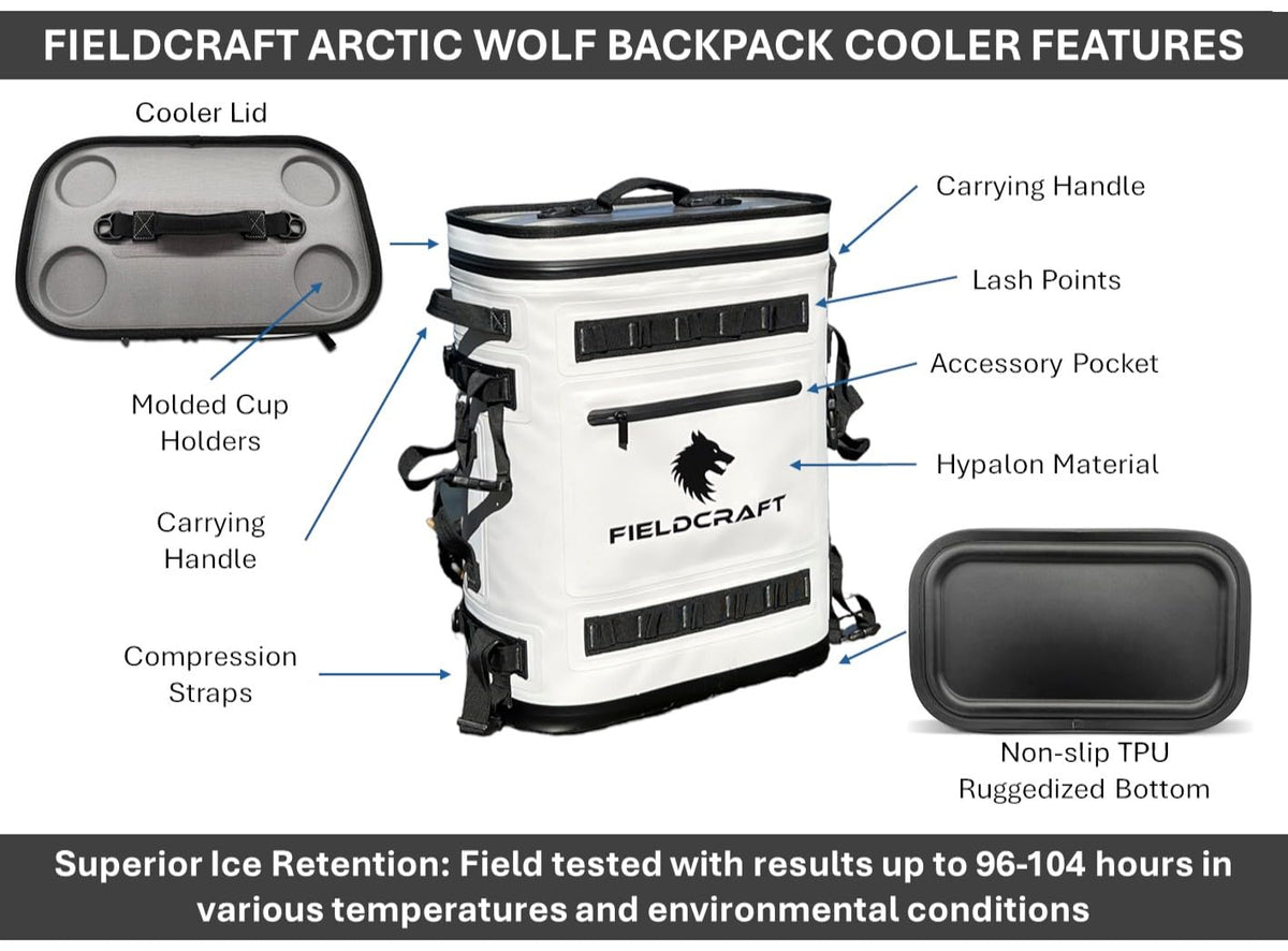 Hypalon TPU Insulated Cooler Backpack Leakproof Waterproof Cooler Bag, Arctic Wolf by Fieldcraft for Travel Sports, Beach, Outdoor Activities, Fishing, Hiking, Camping, and Hunting,