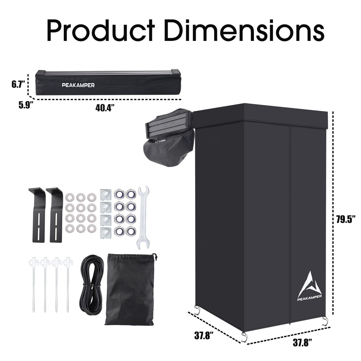 Peakamper Awning Shower Tent with Swing Arm Privacy Roof, Vehicle Side Shower Room LED Light, 3ft x 3ft Camping Privacy Shelter Restroom Bathroom, UV-Resistant Waterproof Storage