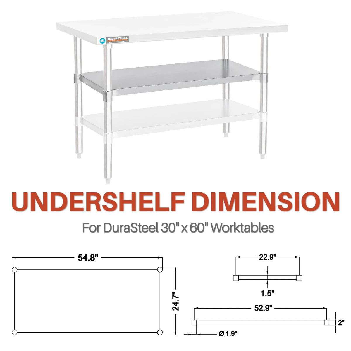 DuraSteel Galvanized Under Shelf for Work Tables - Extra Adjustable Lower Shelf for 30'' x 60'' Stainless Steel and Wooden Worktables - Fits for use in Restaurant, Warehouse, Home, Kitchen, Garage