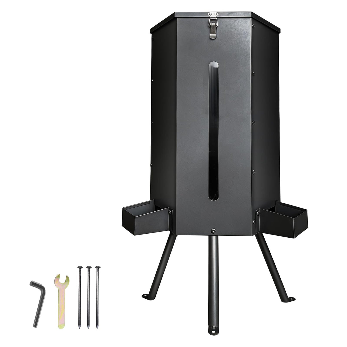 LAJIAOZ 80 lbs Galvanized Steel Gravity Deer Feeder - 14 Gallon Weatherproof Wildlife Game Feeder, 3-Leg Tripod Stand with 3 Feeding Trays, Metal Corn Dispenser for Goats, Turkeys, Livestock