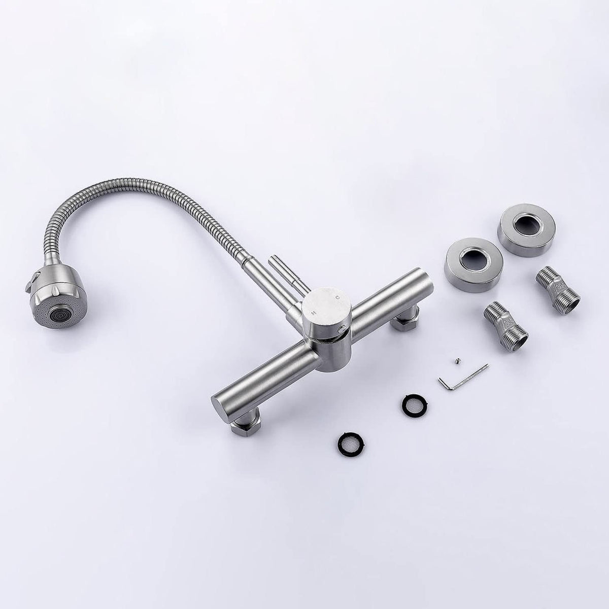 FLWUEUE Wall Mount Kitchen Sink Faucet with Sprayer 8“ Inch Center, Brushed Nickle Stainless Steel Sink Mixer Tap, Laundry Utility Faucets with Dual Functional Sprayer