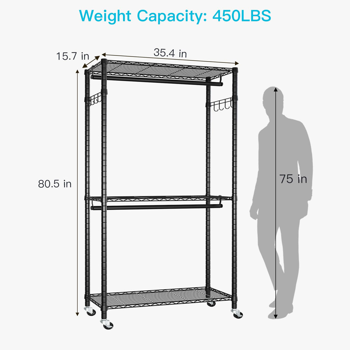 FUTASSI P1 and P1C Black Garment Rack Bundle, Rolling Closet Rack with Wheels, Metal Garment Rack for Hanging Clothes, Clothing Storage Wardrobe, Load 450 Pounds