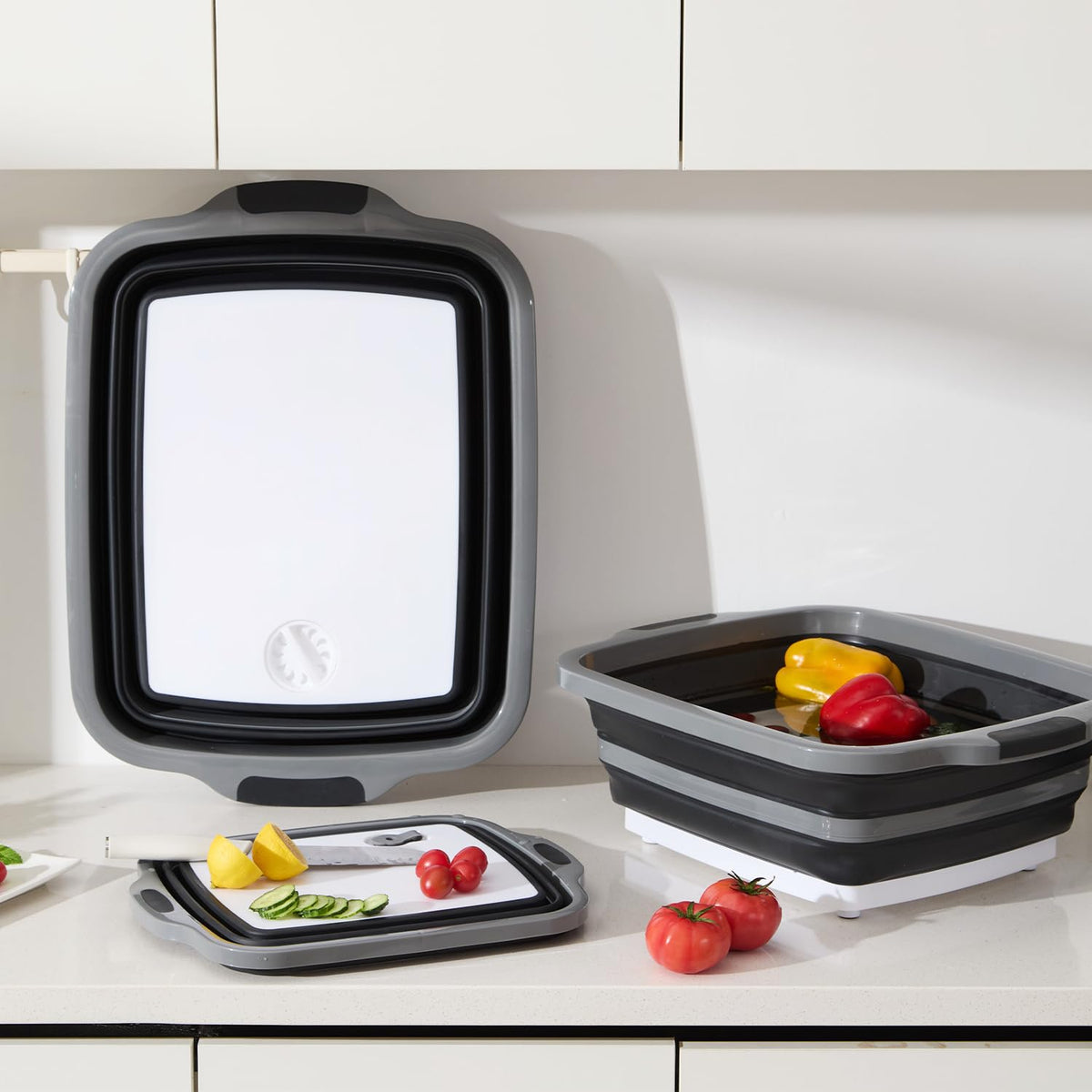 TANOSHII 3-Piece Collapsible BBQ Prep Tubs with Lids and Built-in Cutting Board – For Meal Prep Marinating Food Storage&Washing – Picnic Camping – Set of 3 – (1) Medium + (1) L + (1) XL – Black