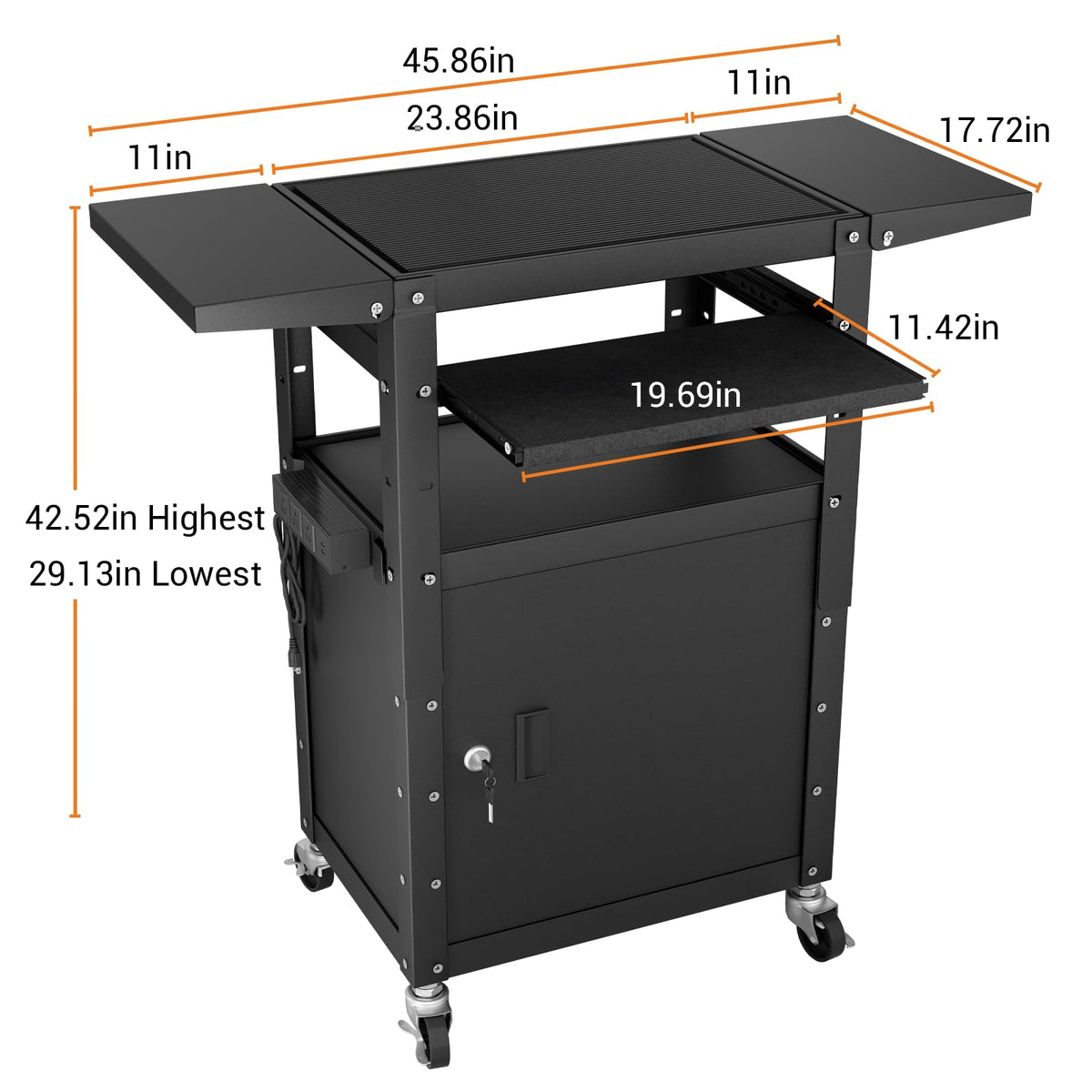 Mobile AV Cart with Pullout Keyboard Tray, Rolling Computer Cart Height Adjustable Rolling Media Utility Cart with Extra Storage Space, 4 Outlets, Perfect for Home or Office Use