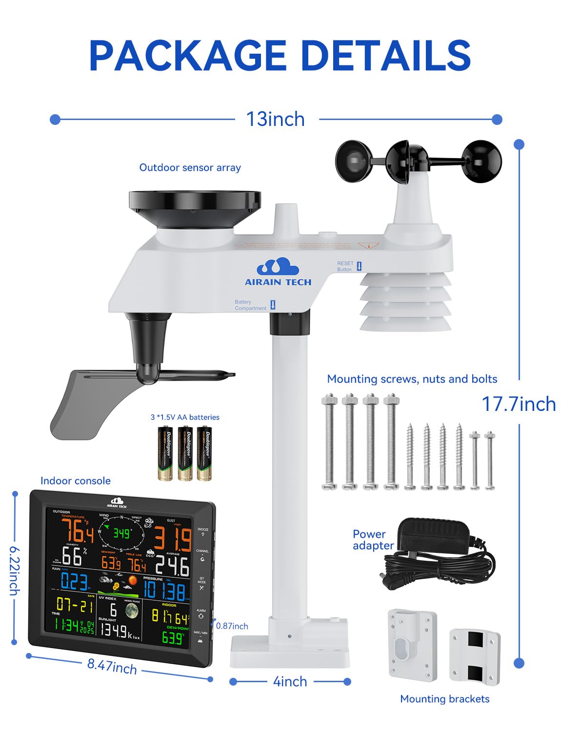 AIRAIN TECH 14-in-1 Wireless Weather Station with Dual Display, Outdoor Sensor, Atomic Clock, Rain Gauge，Wind Speed, Indoor Temp/Humidity, Barometric Pressure,etc (No WiFi)