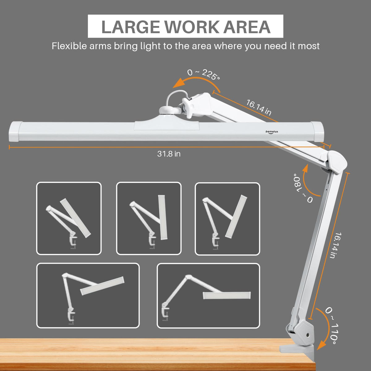 bemelux LED Architect Desk Lamp with Clamp, Metal Swing Arm 4500 Lumens Dimming Office Table Lamp for Task Work Drafting Reading Desktop, 342PCS Bright LEDs, 50W Workbench Lamp(White)