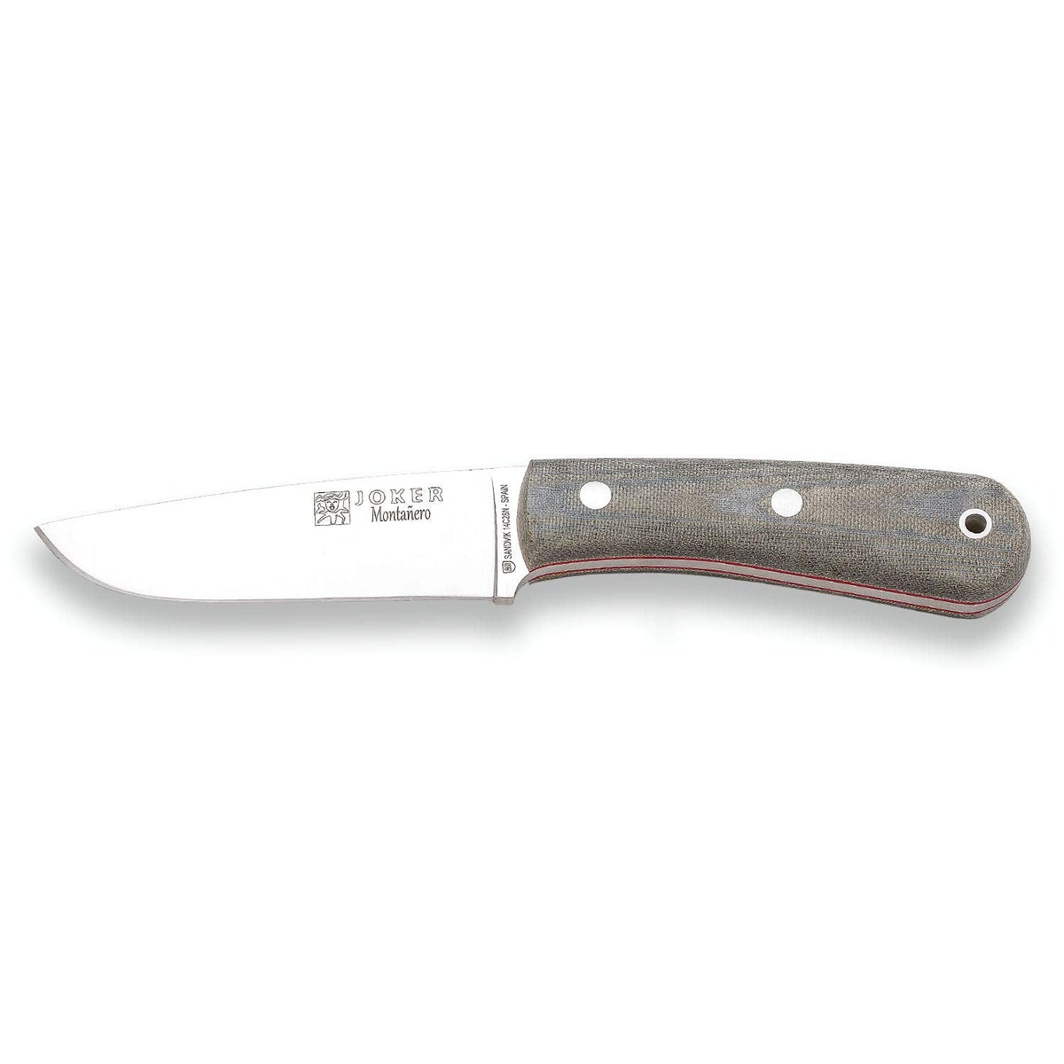Joker Montañero CV134-P Survival Knife, 4.33 in Sandvik 14C28N Stainless Steel Drop Point Blade, Green Micarta Canvas Handle, Brown Leather Sheath and Ferro Rod, for Camping, Hiking, Bushcraft and Fire Making